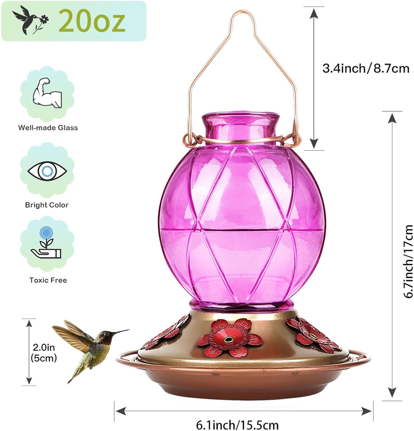 Glass Hummingbird Feeder – Hanging Outdoor Bird Feeder with 5 Feeding Ports, 20oz, Garden & Patio Decor (2-Pack)