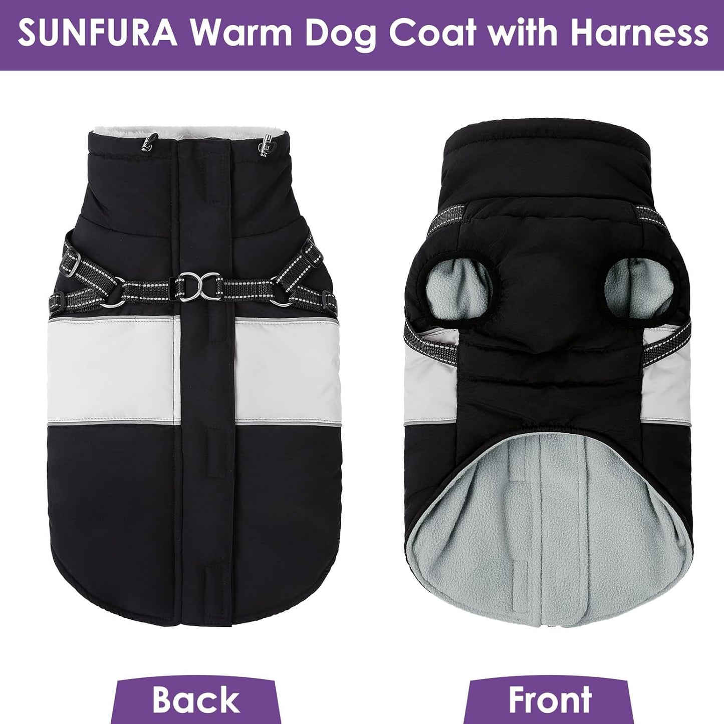 Dog Winter Coat, Waterproof Dog Coat Jacket with Harness for Medium Dogs Boys Girls, Reflective Fleece Lined Pet Snow Jacket Sweaters for Pug, Jack Russel, Boston Terrier, Black M