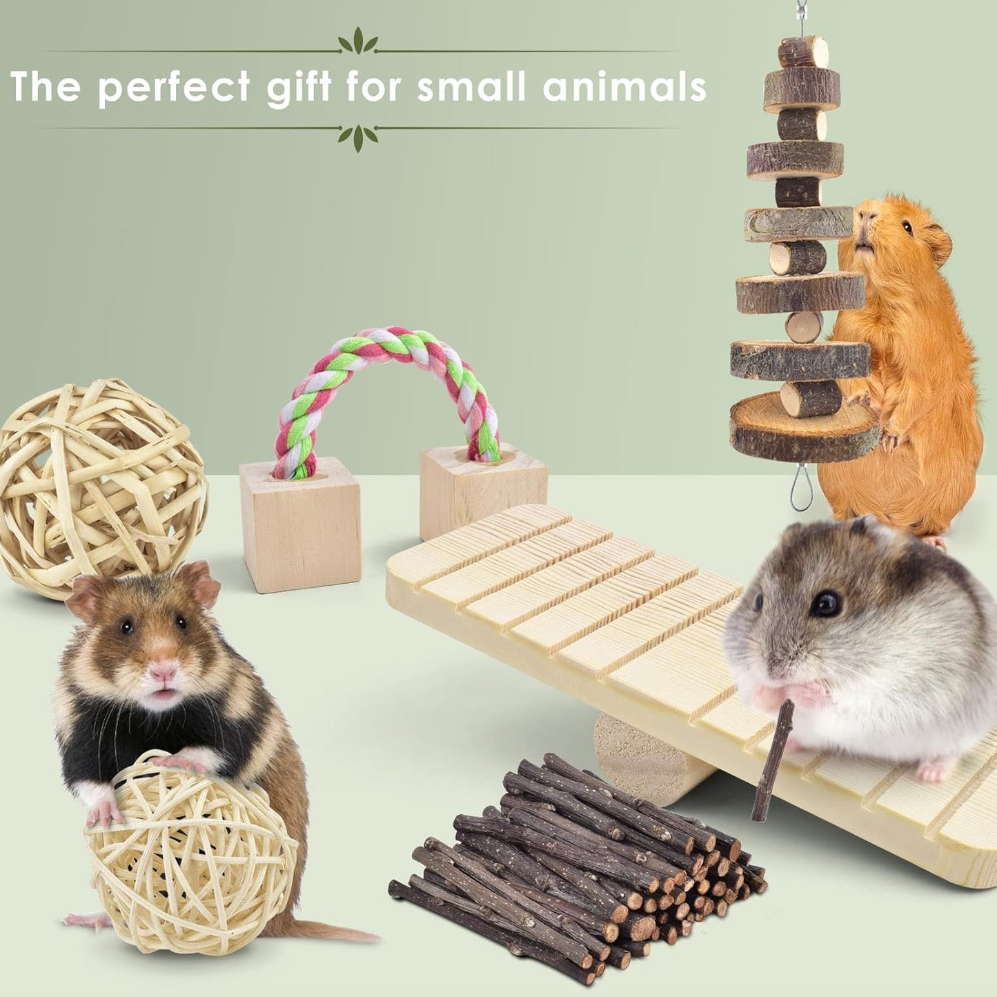 Safe 12 Pack Hamster Chew Toys Gerbil Rat Guinea Pig Chinchilla Chewing Toys Cage Accessories, Natural Wooden Dumbbell Exercise Bell Roller Teeth Care Molar Toy for Rabbits Bird Small Animals