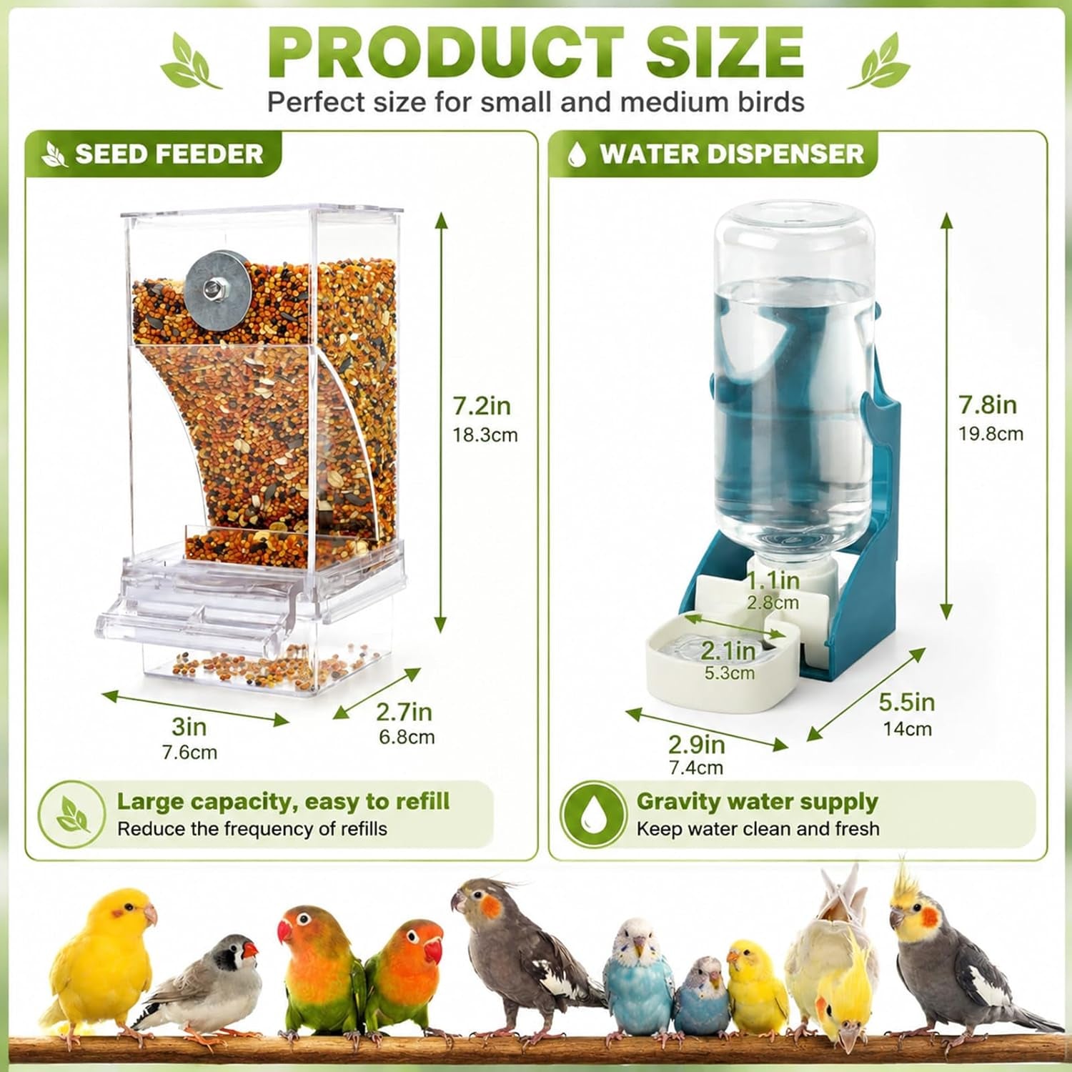 No-Mess Bird Feeder & Water Dispenser Set - Automatic Acrylic Cage Feeder for Parakeets, Cockatiels & Small Birds