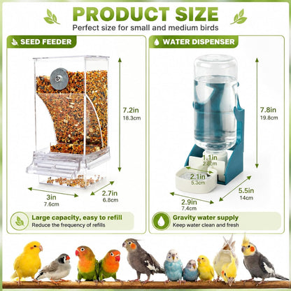 No-Mess Bird Feeder & Water Dispenser Set - Automatic Acrylic Cage Feeder for Parakeets, Cockatiels & Small Birds