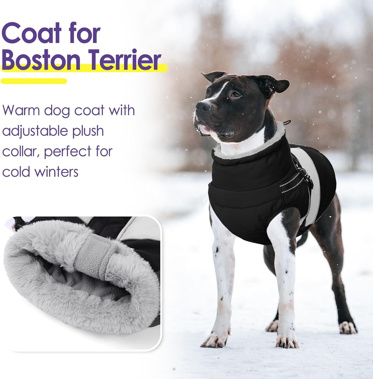 Dog Winter Coat, Waterproof Dog Coat Jacket with Harness for Medium Dogs Boys Girls, Reflective Fleece Lined Pet Snow Jacket Sweaters for Pug, Jack Russel, Boston Terrier, Black M