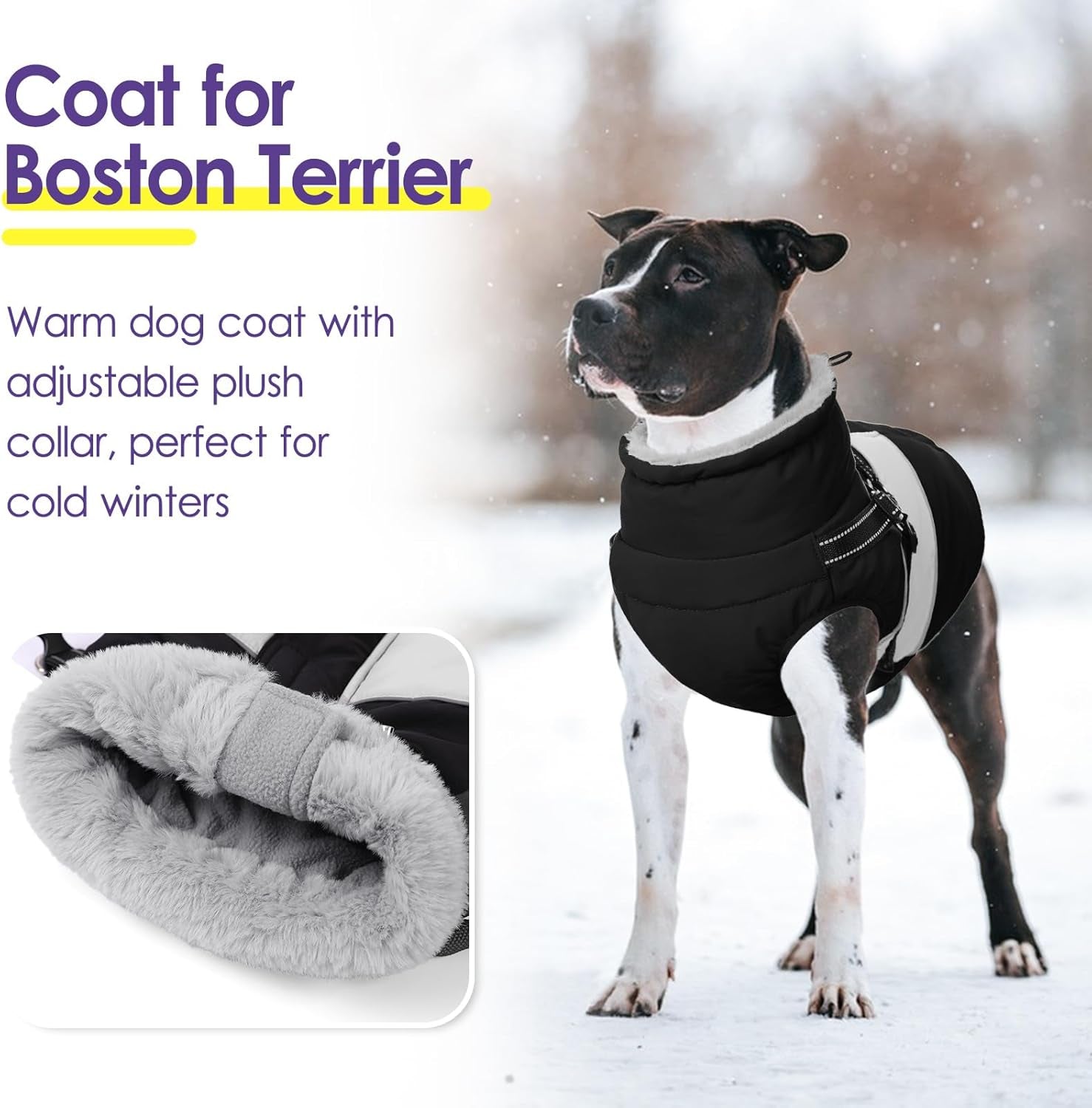 Dog Winter Coat, Waterproof Dog Coat Jacket with Harness for Medium Dogs Boys Girls, Reflective Fleece Lined Pet Snow Jacket Sweaters for Pug, Jack Russel, Boston Terrier, Black M