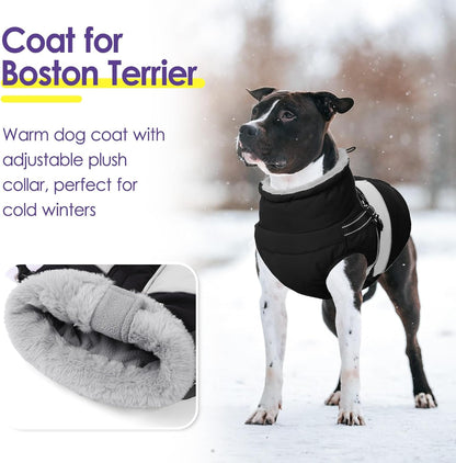 Dog Winter Coat, Waterproof Dog Coat Jacket with Harness for Medium Dogs Boys Girls, Reflective Fleece Lined Pet Snow Jacket Sweaters for Pug, Jack Russel, Boston Terrier, Black M