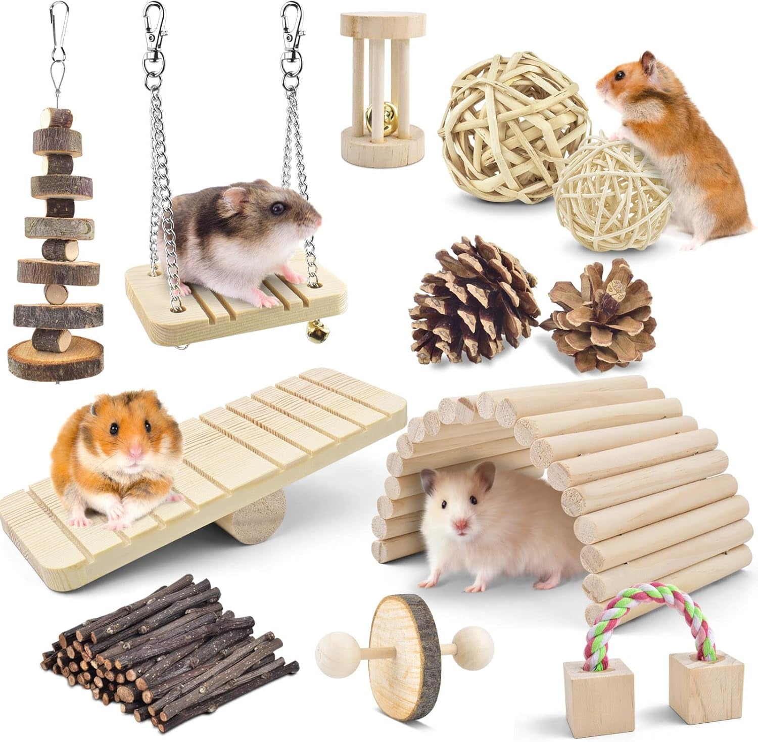 Safe 12 Pack Hamster Chew Toys Gerbil Rat Guinea Pig Chinchilla Chewing Toys Cage Accessories, Natural Wooden Dumbbell Exercise Bell Roller Teeth Care Molar Toy for Rabbits Bird Small Animals