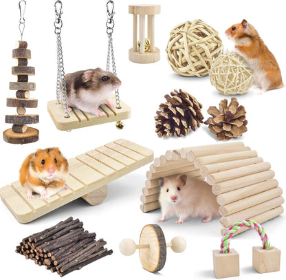Safe 12 Pack Hamster Chew Toys Gerbil Rat Guinea Pig Chinchilla Chewing Toys Cage Accessories, Natural Wooden Dumbbell Exercise Bell Roller Teeth Care Molar Toy for Rabbits Bird Small Animals