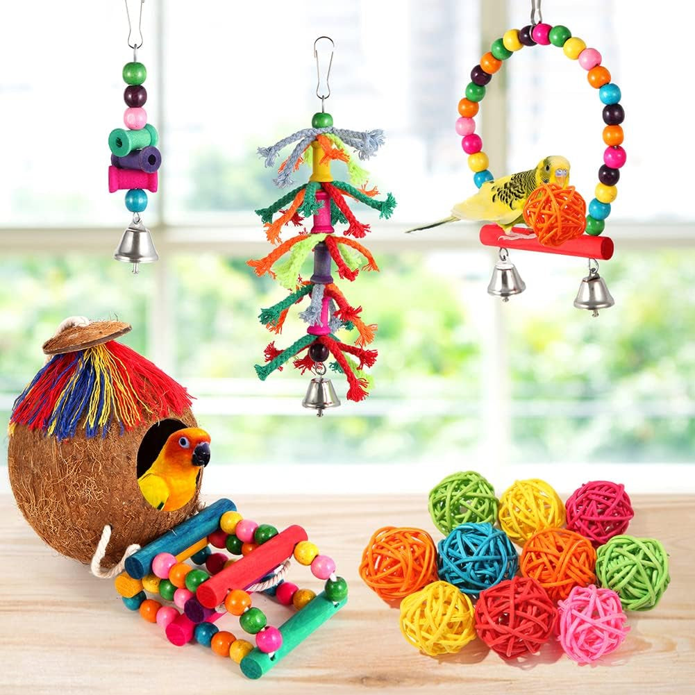 Colorful Bird Swing Set - Hanging Chew Toys with Bells, Ladder & Coconut for Parakeets, Cockatiels & Conures