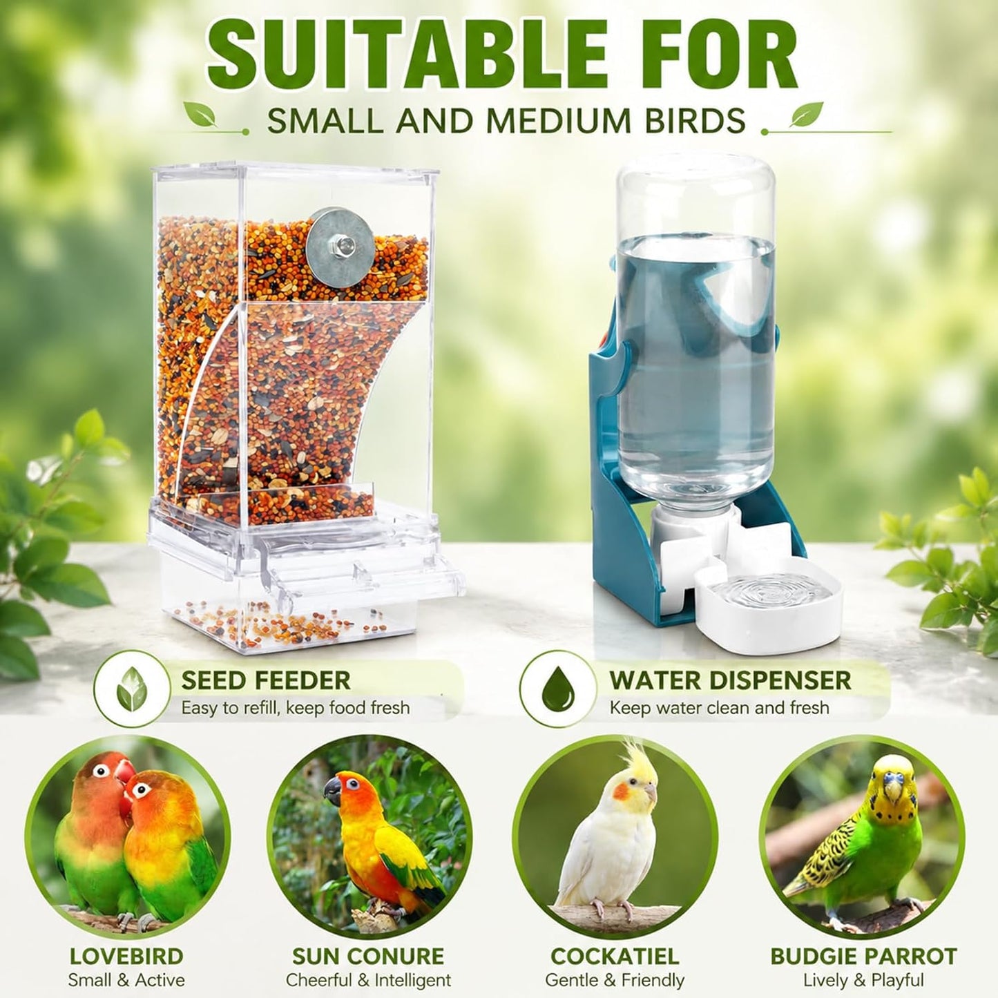 No-Mess Bird Feeder & Water Dispenser Set - Automatic Acrylic Cage Feeder for Parakeets, Cockatiels & Small Birds