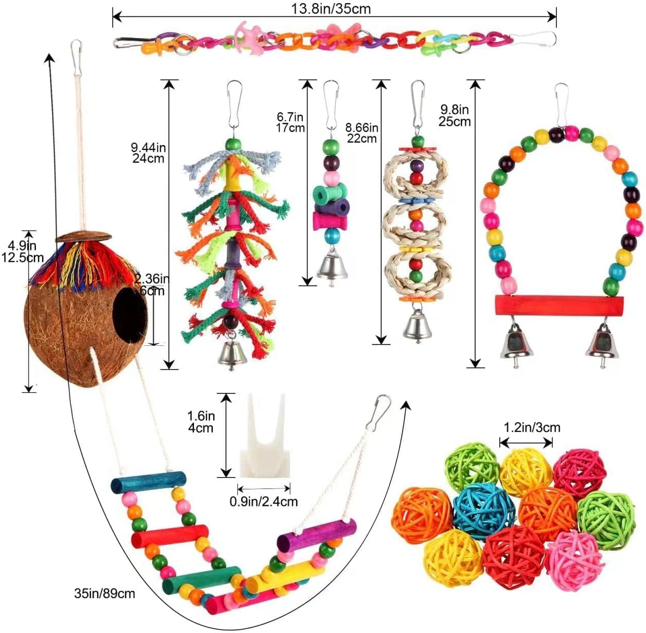 Colorful Bird Swing Set - Hanging Chew Toys with Bells, Ladder & Coconut for Parakeets, Cockatiels & Conures