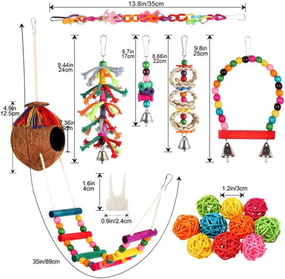 Colorful Bird Swing Set - Hanging Chew Toys with Bells, Ladder & Coconut for Parakeets, Cockatiels & Conures