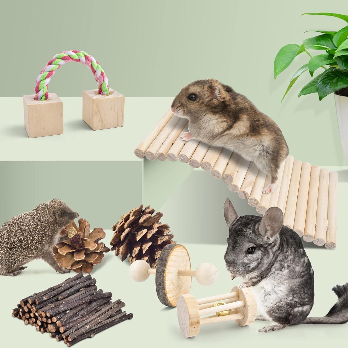 Safe 12 Pack Hamster Chew Toys Gerbil Rat Guinea Pig Chinchilla Chewing Toys Cage Accessories, Natural Wooden Dumbbell Exercise Bell Roller Teeth Care Molar Toy for Rabbits Bird Small Animals
