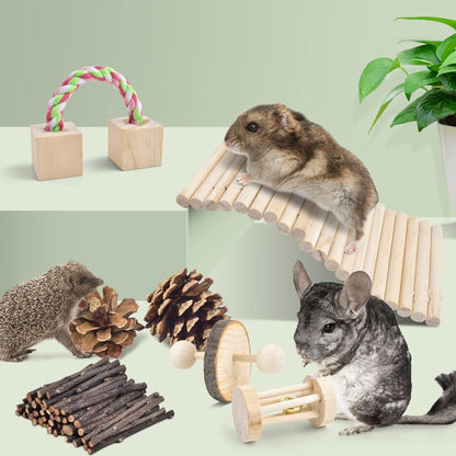 Safe 12 Pack Hamster Chew Toys Gerbil Rat Guinea Pig Chinchilla Chewing Toys Cage Accessories, Natural Wooden Dumbbell Exercise Bell Roller Teeth Care Molar Toy for Rabbits Bird Small Animals