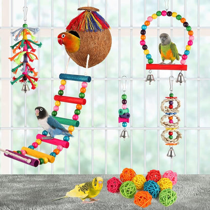 Colorful Bird Swing Set - Hanging Chew Toys with Bells, Ladder & Coconut for Parakeets, Cockatiels & Conures