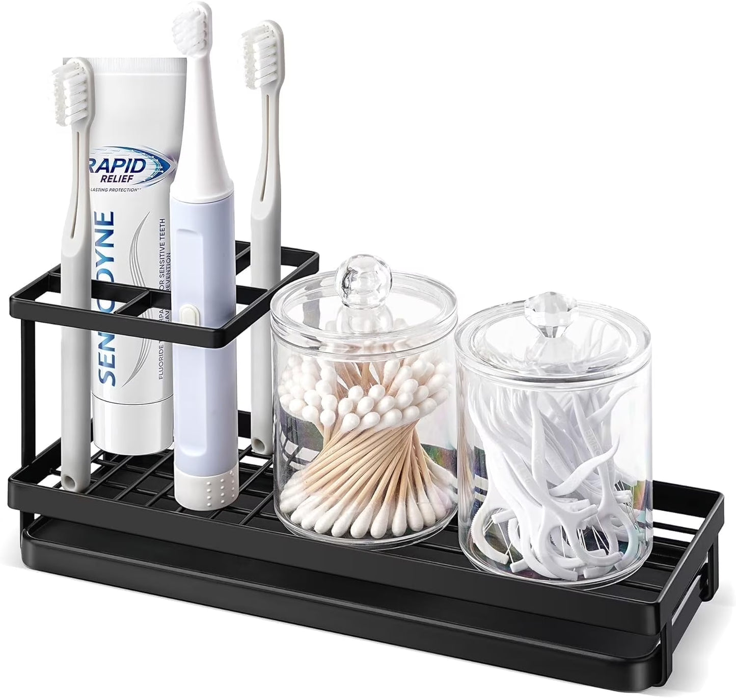 Toothbrush Holder for Countertop with Drainage - 4 Slots Bathroom Organizer for Electric Toothbrush, Toothpaste, Mouthwash - Black