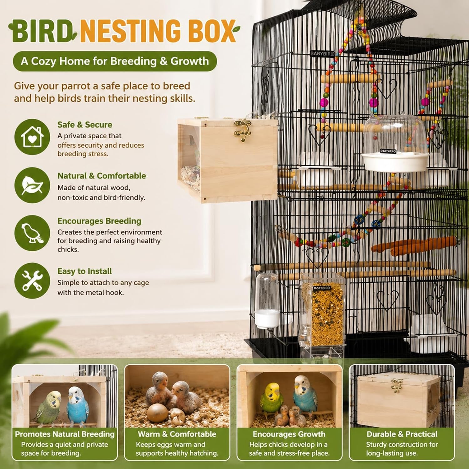 Parakeet Nesting Box Transparent Design, Thwartwise Bird Nest Breeding Box with Perch Wood Bird Cage House for Cockatiel Lovebirds Budgie Finch Parrotlets Canary S