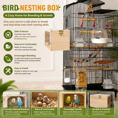 Parakeet Nesting Box Transparent Design, Thwartwise Bird Nest Breeding Box with Perch Wood Bird Cage House for Cockatiel Lovebirds Budgie Finch Parrotlets Canary S