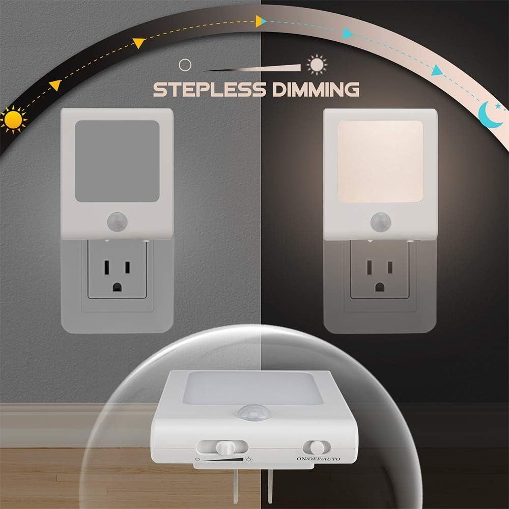 6 Pack Motion Sensor Dimmable LED Night Light, Plug in Nightlight with Auto Dusk to Dawn Sensor, Adjustable Brightness Warm White Lights for Hallway, Kids Room, Kitchen, Stairway, Bathroom
