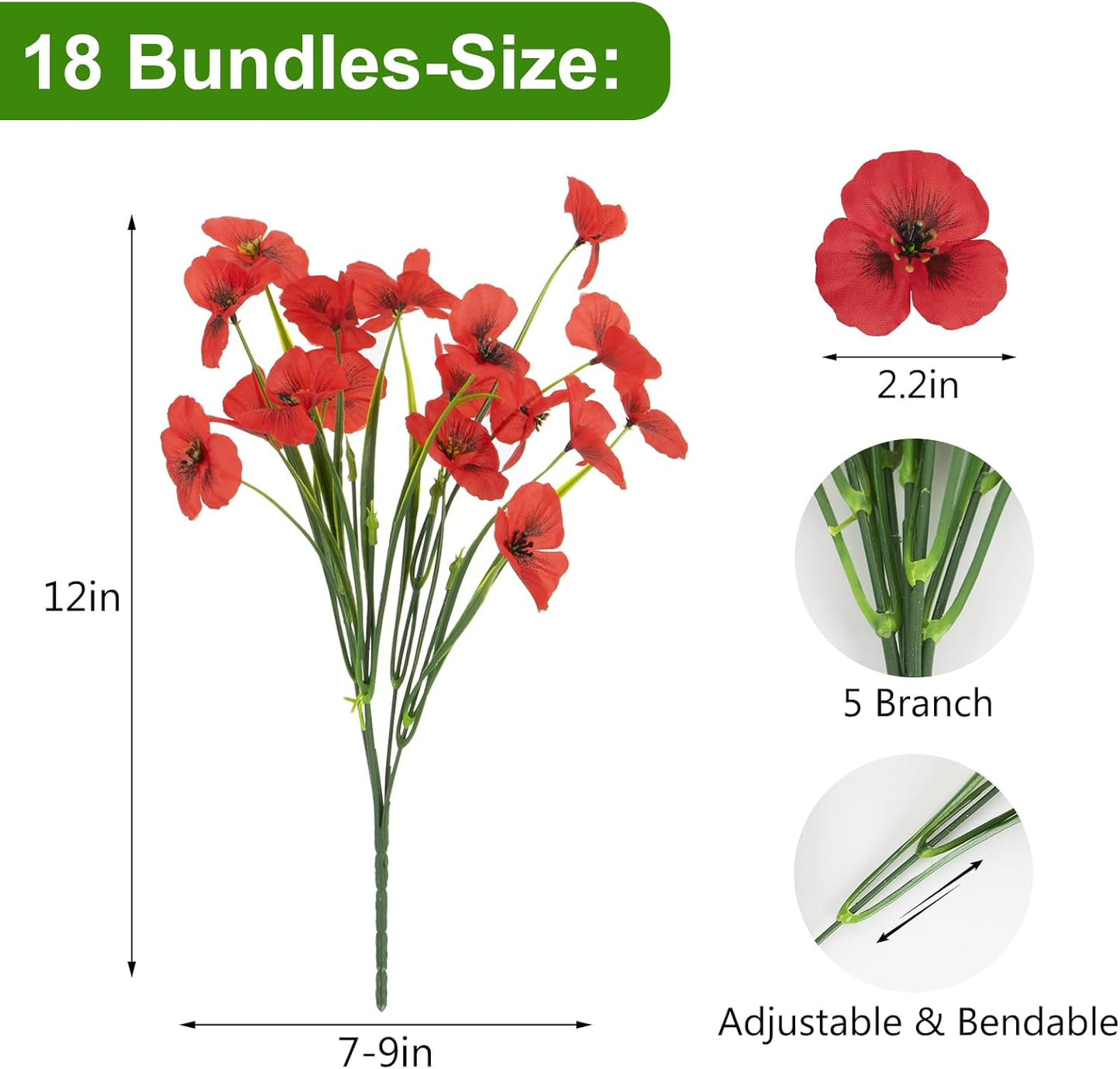 18 Bundles Artificial Flowers Outdoor Fake Flowers Pansies Faux Artificial Plants for Planter Porch Yard Home Decor (Red)