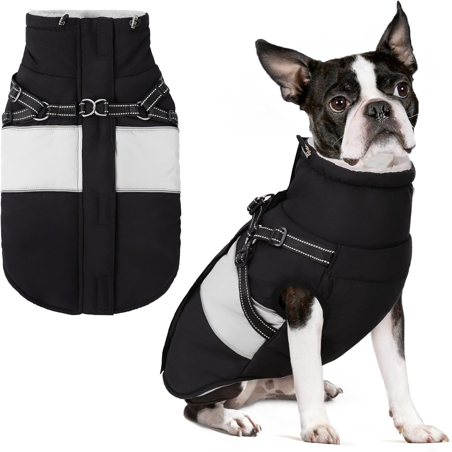 Dog Winter Coat, Waterproof Dog Coat Jacket with Harness for Medium Dogs Boys Girls, Reflective Fleece Lined Pet Snow Jacket Sweaters for Pug, Jack Russel, Boston Terrier, Black M