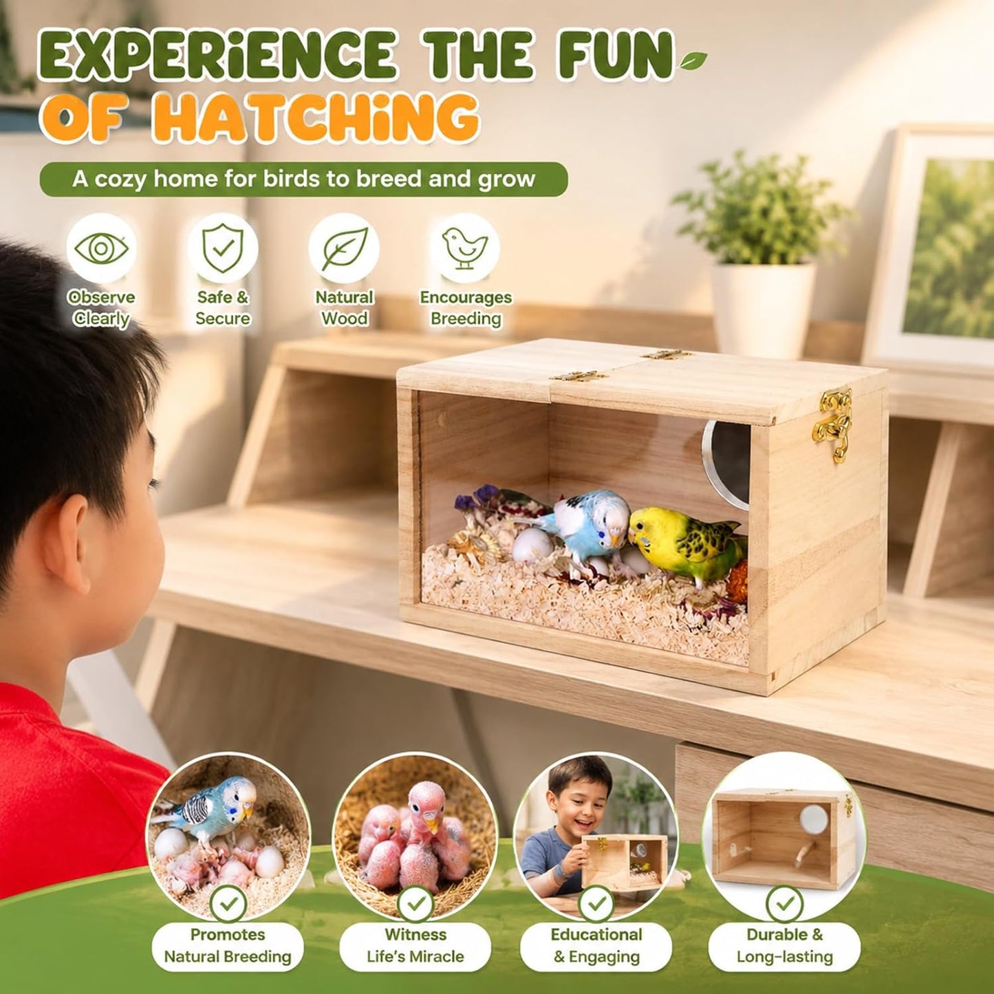 Parakeet Nesting Box Transparent Design, Thwartwise Bird Nest Breeding Box with Perch Wood Bird Cage House for Cockatiel Lovebirds Budgie Finch Parrotlets Canary S