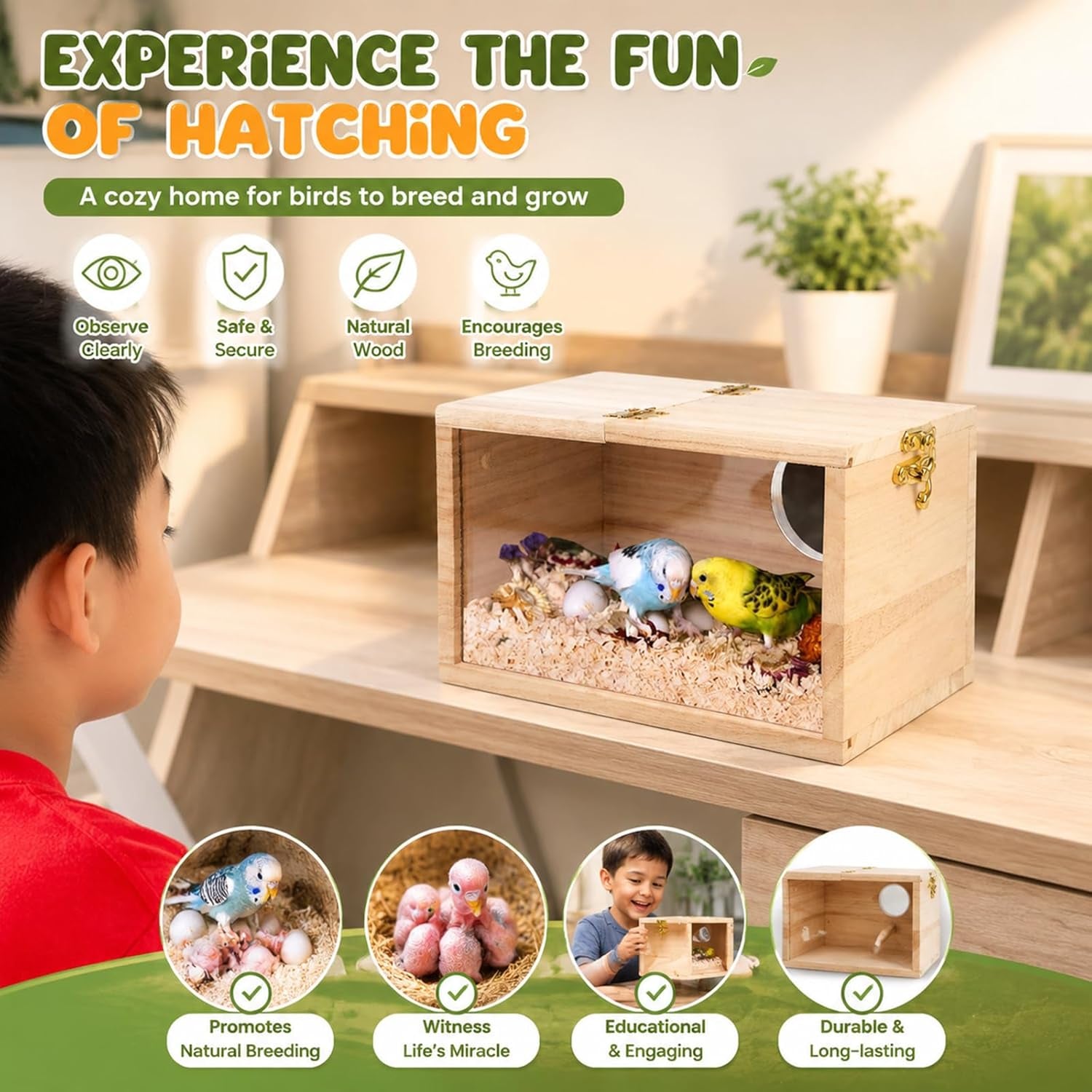 Parakeet Nesting Box Transparent Design, Thwartwise Bird Nest Breeding Box with Perch Wood Bird Cage House for Cockatiel Lovebirds Budgie Finch Parrotlets Canary S