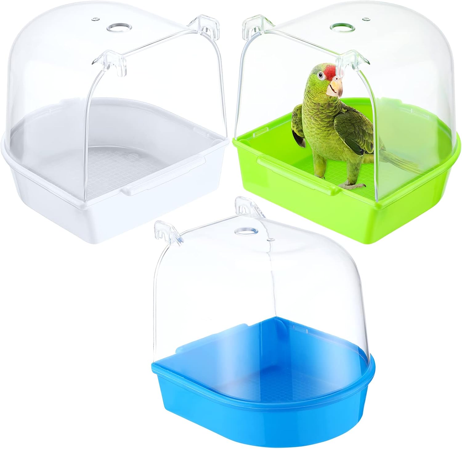 3-Pack Clear Hanging Bird Bath Box - white, green and blue bath boxes