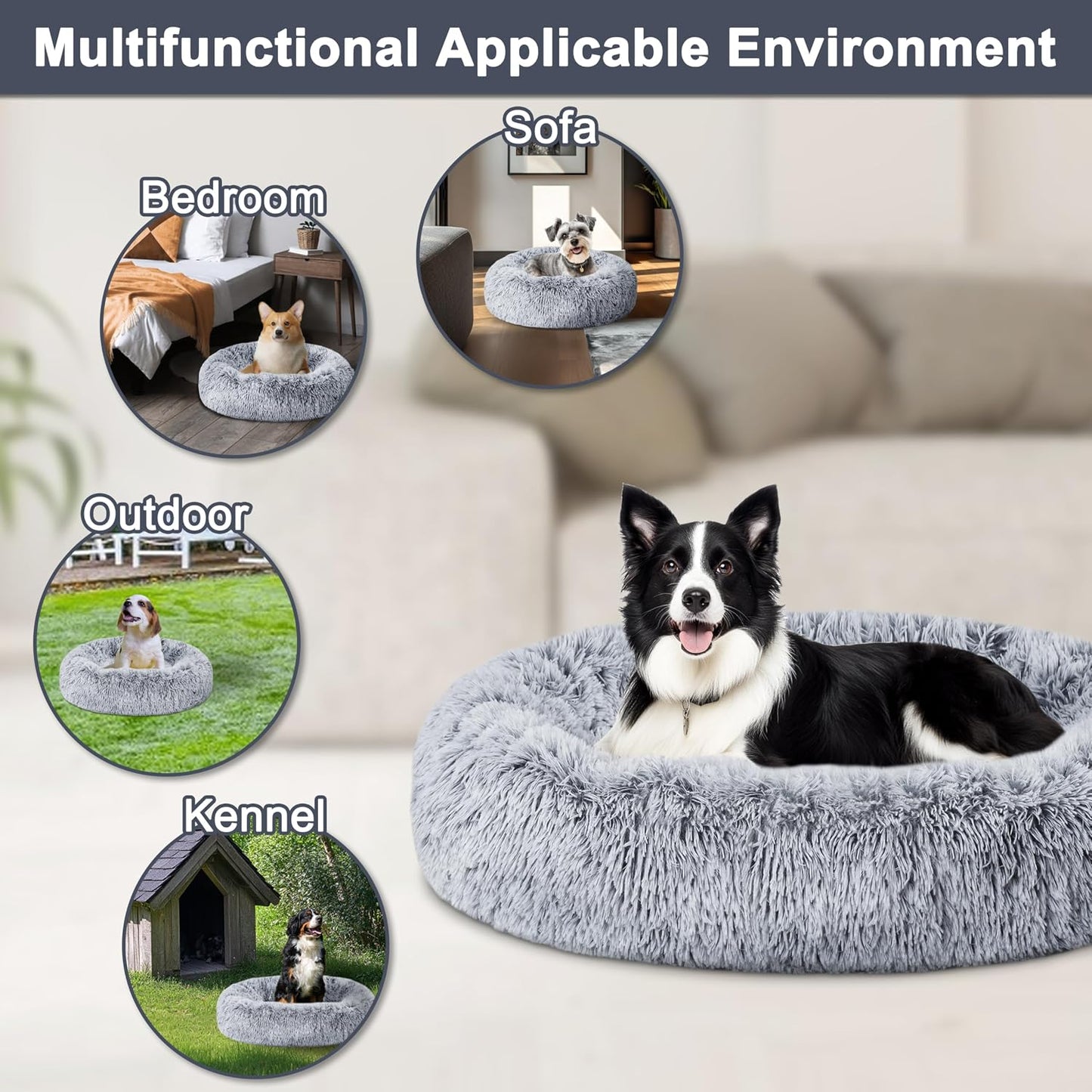 Calming Dog Bed,Donut Washable Warming Soft round 39 Inches Dog Beds for Large Dogs,Anti-Anxiety Fluffy Plush Cushion Bed Fits up to 120 Lbs Pets,Gradient Blue