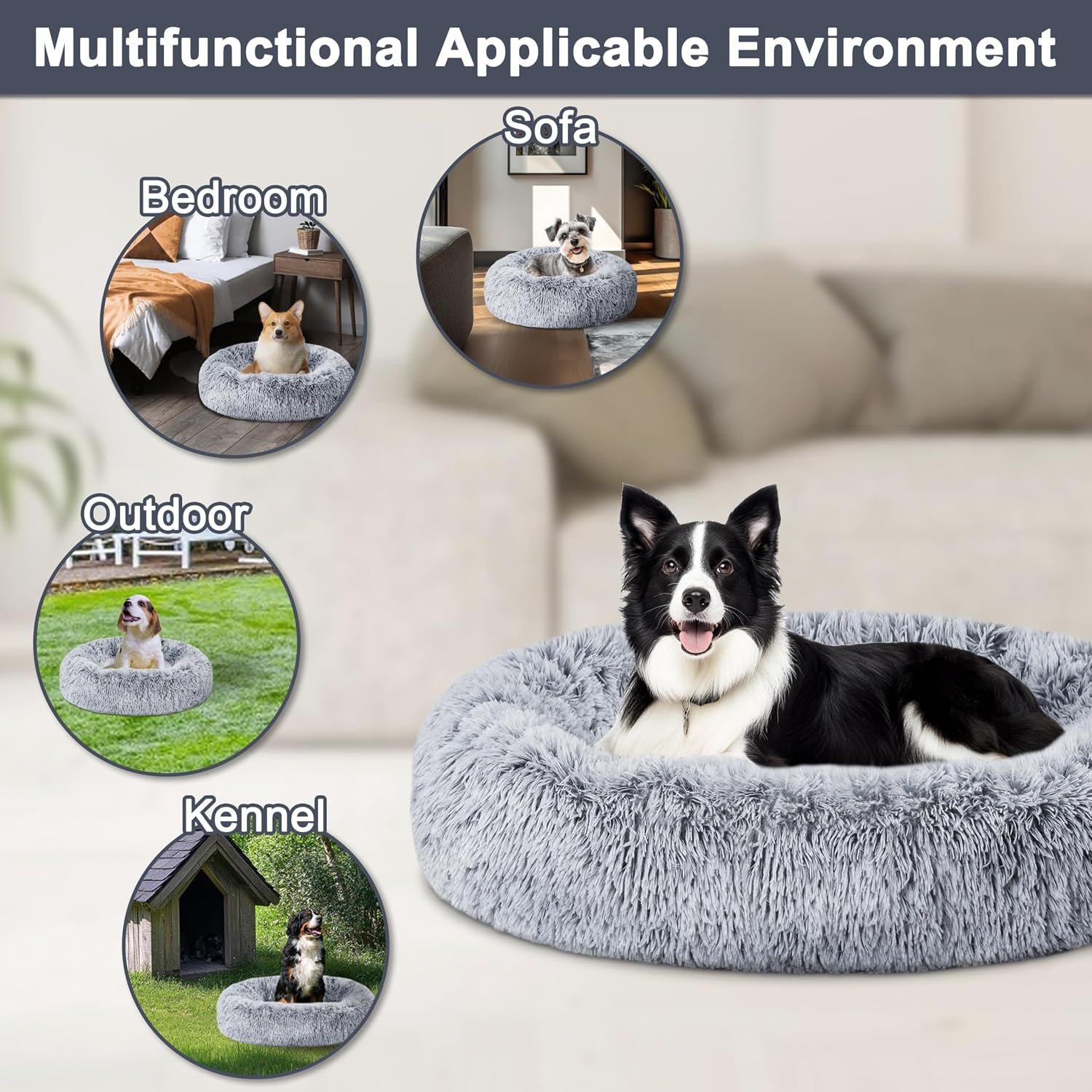 Calming Dog Bed,Donut Washable Warming Soft round 39 Inches Dog Beds for Large Dogs,Anti-Anxiety Fluffy Plush Cushion Bed Fits up to 120 Lbs Pets,Gradient Blue