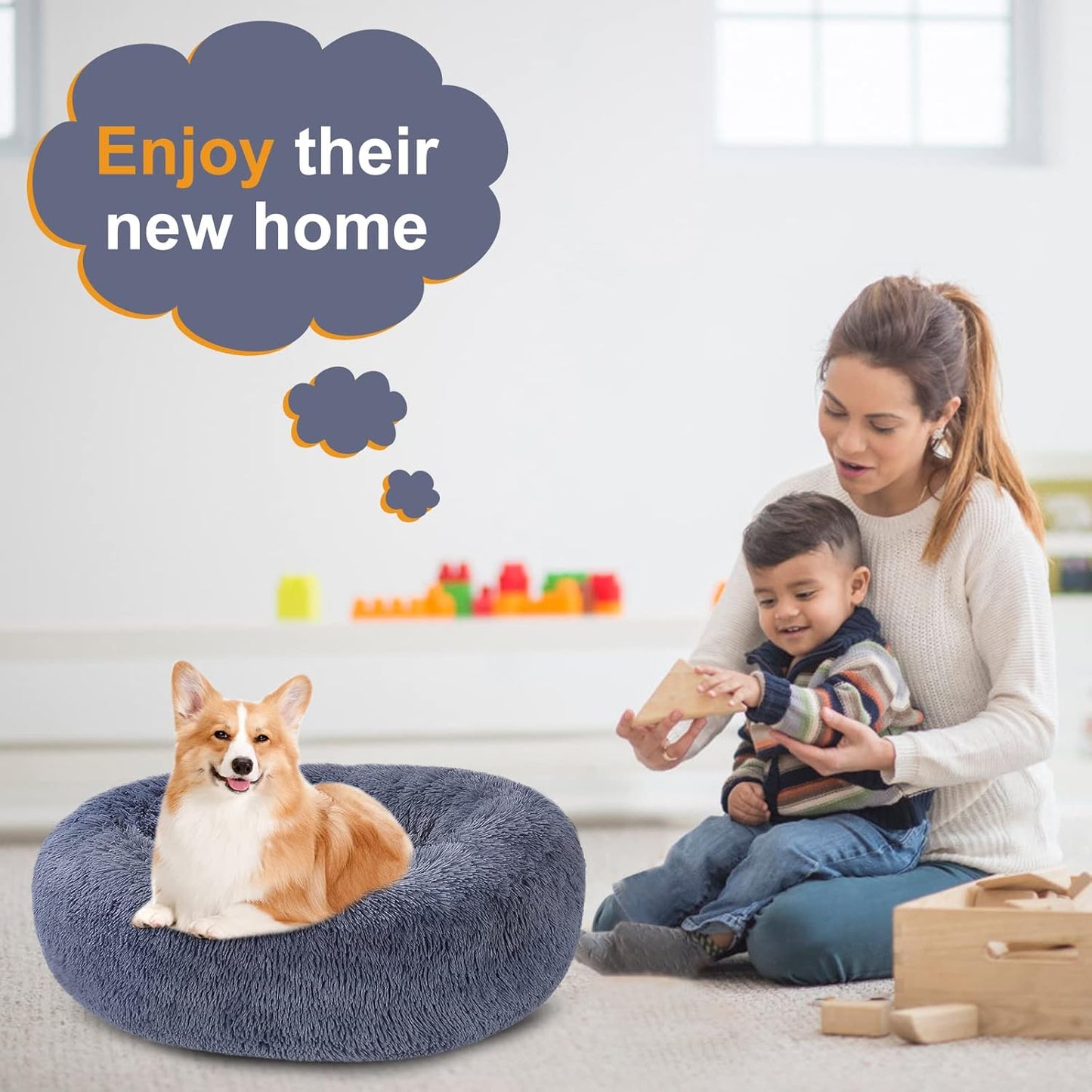Ultimate Comfort with Our Medium Round Dog Bed - Washable Plush Donut Design for Medium and Large Dogs, Blue Grey