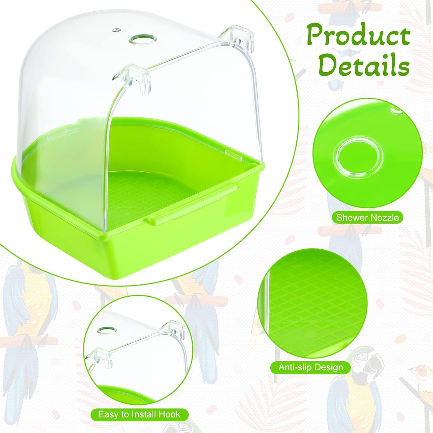 Green bird bath box with parrot bathing inside