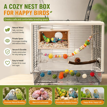 Parakeet Nesting Box Transparent Design, Thwartwise Bird Nest Breeding Box with Perch Wood Bird Cage House for Cockatiel Lovebirds Budgie Finch Parrotlets Canary S
