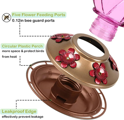 Glass Hummingbird Feeder – Hanging Outdoor Bird Feeder with 5 Feeding Ports, 20oz, Garden & Patio Decor (2-Pack)