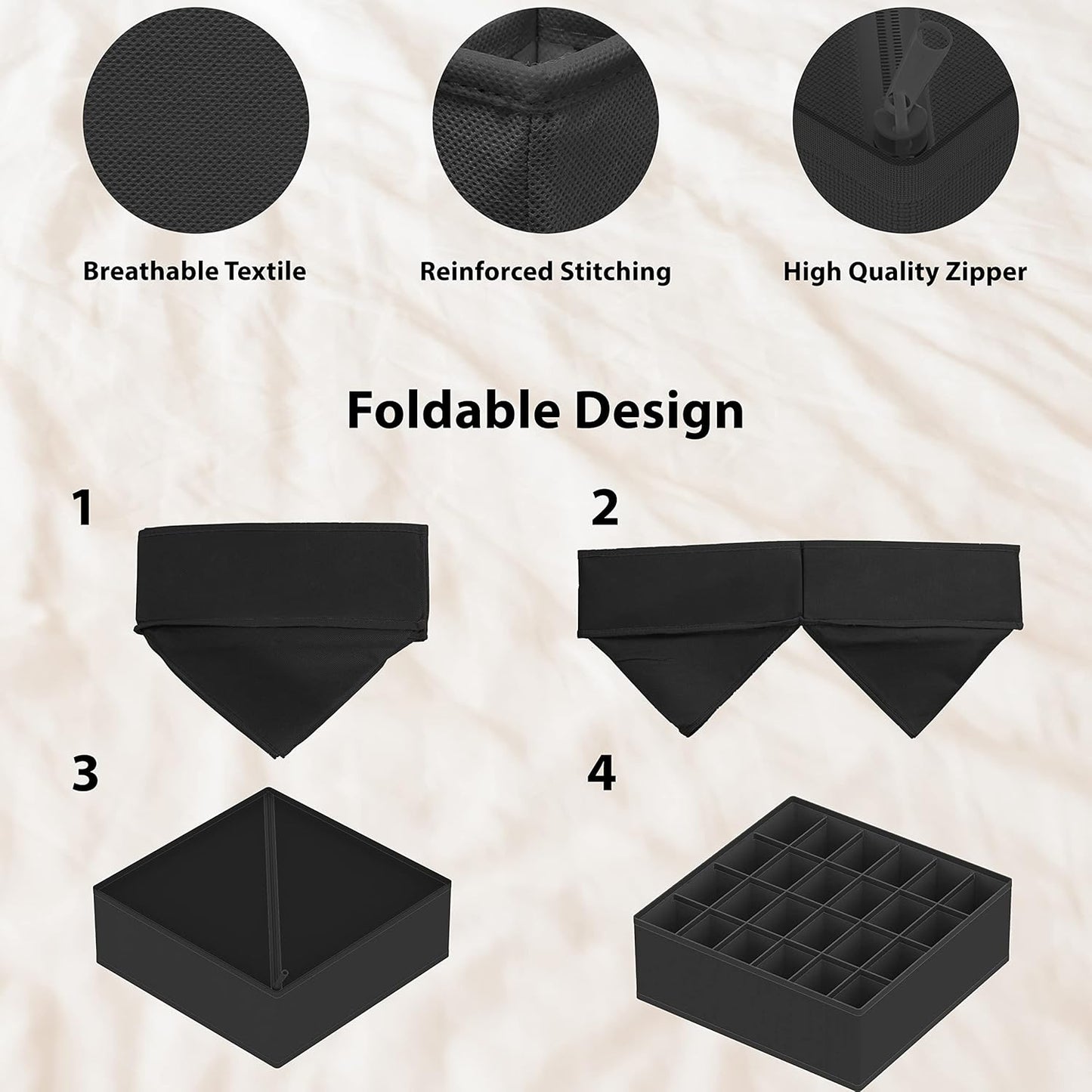4-Pack Drawer Organizer Set - Closet Dividers for Underwear, Socks, Bras, Scarves, Ties - Foldable Non-Woven Storage Boxes, Dark Gray