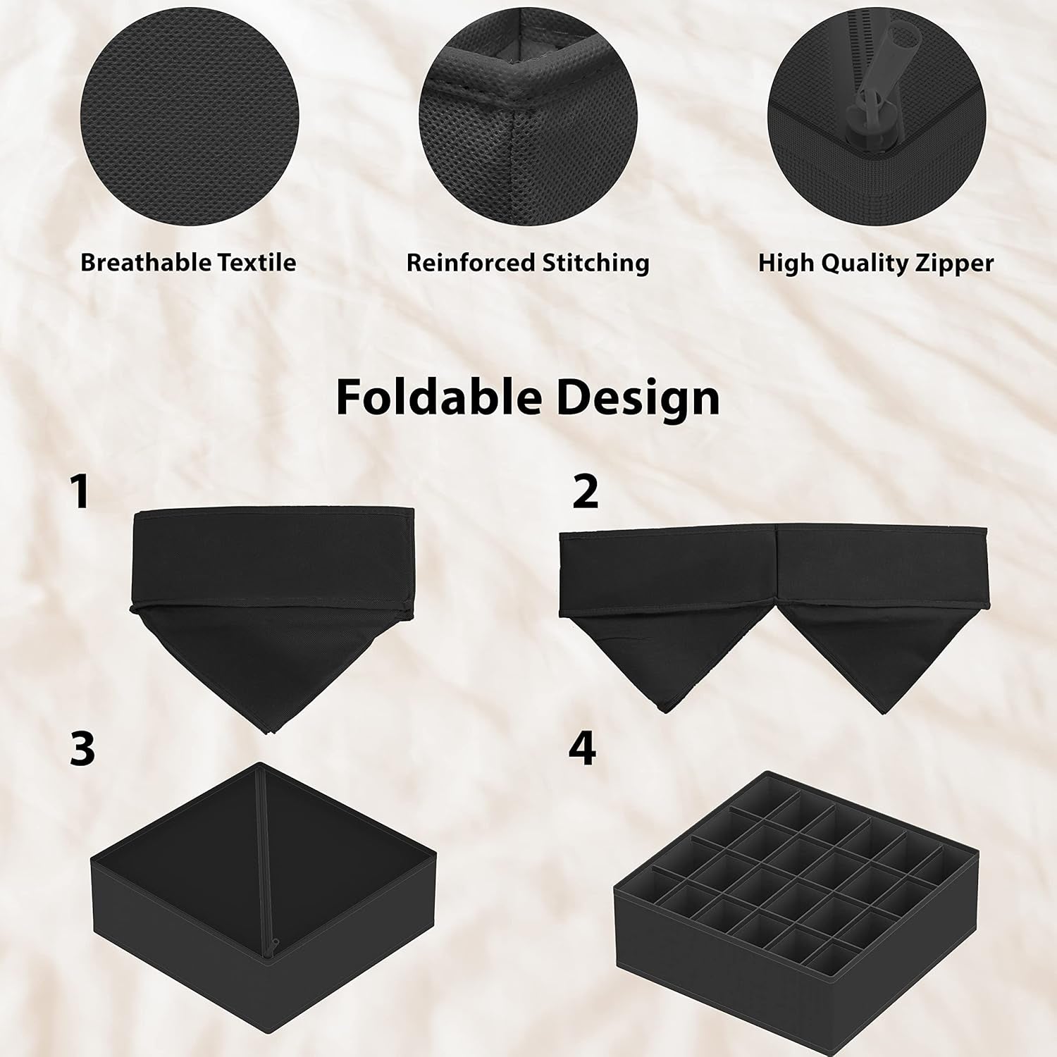 4-Pack Drawer Organizer Set - Closet Dividers for Underwear, Socks, Bras, Scarves, Ties - Foldable Non-Woven Storage Boxes, Dark Gray