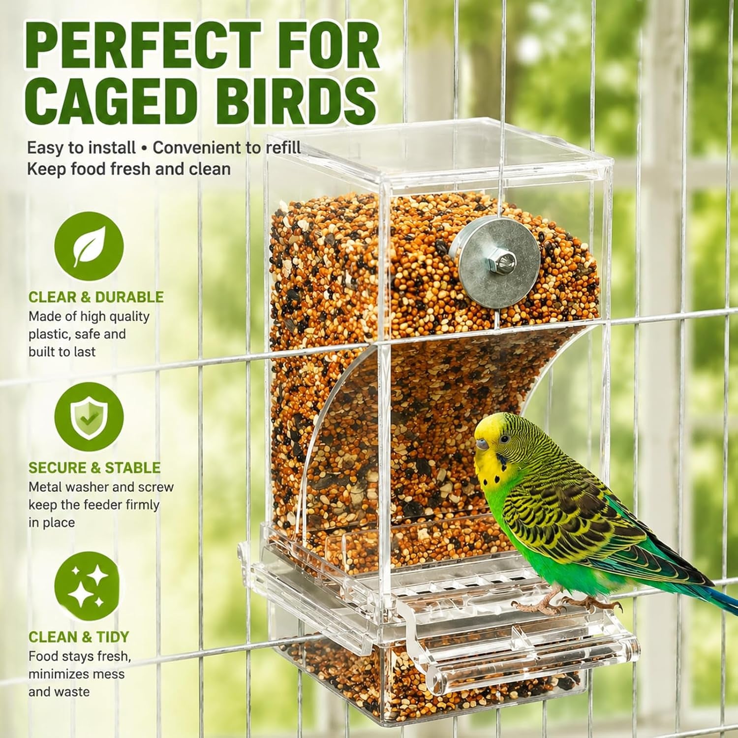 No Mess Automatic Bird Feeder Transparent Food Container Cage Acrylic Parrot Feeder Accessories for Small Birds Parrot Cockatoo Canary