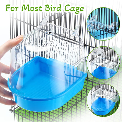 Bird bath box mounted inside birdcage