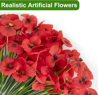 18 Bundles Artificial Flowers Outdoor Fake Flowers Pansies Faux Artificial Plants for Planter Porch Yard Home Decor (Red)