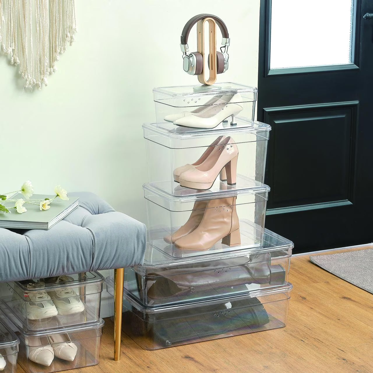 Clear Glossy Plastic Extra Wide Closet Storage Shoe Organizer Shoe Box with Lid for Shoe Storage