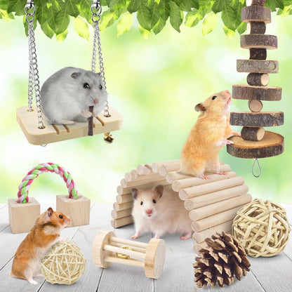 Safe 12 Pack Hamster Chew Toys Gerbil Rat Guinea Pig Chinchilla Chewing Toys Cage Accessories, Natural Wooden Dumbbell Exercise Bell Roller Teeth Care Molar Toy for Rabbits Bird Small Animals