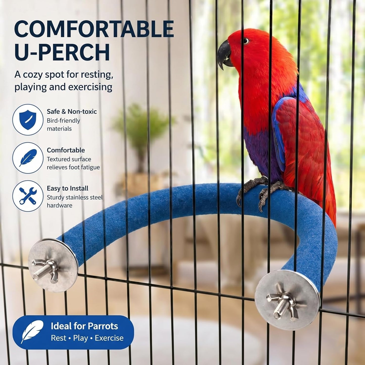 Parrot Perch Rough-Surfaced - Quartz Sands Bird Cage Perches for Medium to Large Bird, U Shape Large