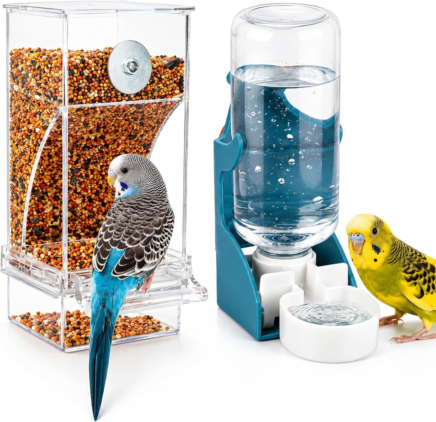 No-Mess Bird Feeder & Water Dispenser Set - Automatic Acrylic Cage Feeder for Parakeets, Cockatiels & Small Birds