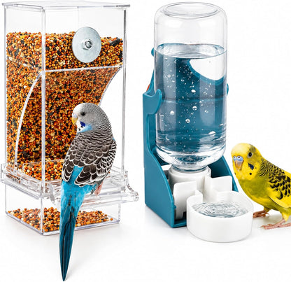 No-Mess Bird Feeder & Water Dispenser Set - Automatic Acrylic Cage Feeder for Parakeets, Cockatiels & Small Birds