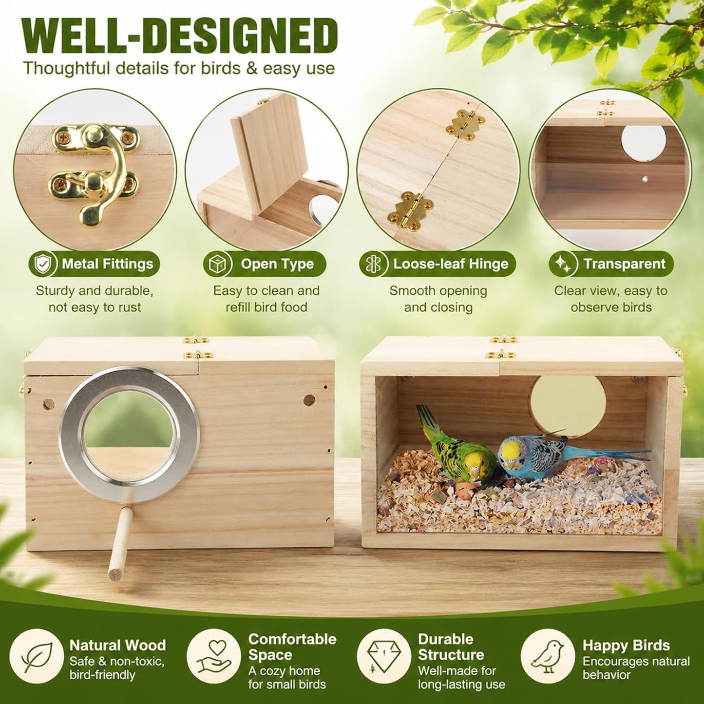 Parakeet Nesting Box Transparent Design, Thwartwise Bird Nest Breeding Box with Perch Wood Bird Cage House for Cockatiel Lovebirds Budgie Finch Parrotlets Canary S