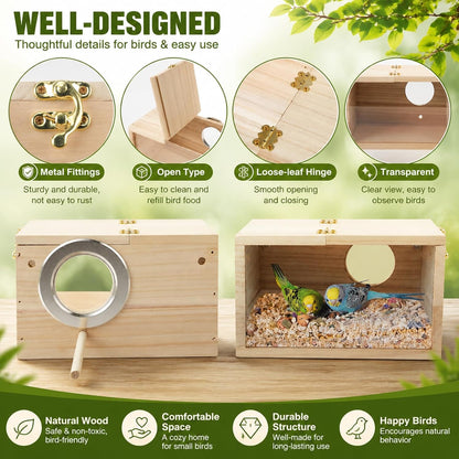 Parakeet Nesting Box Transparent Design, Thwartwise Bird Nest Breeding Box with Perch Wood Bird Cage House for Cockatiel Lovebirds Budgie Finch Parrotlets Canary S