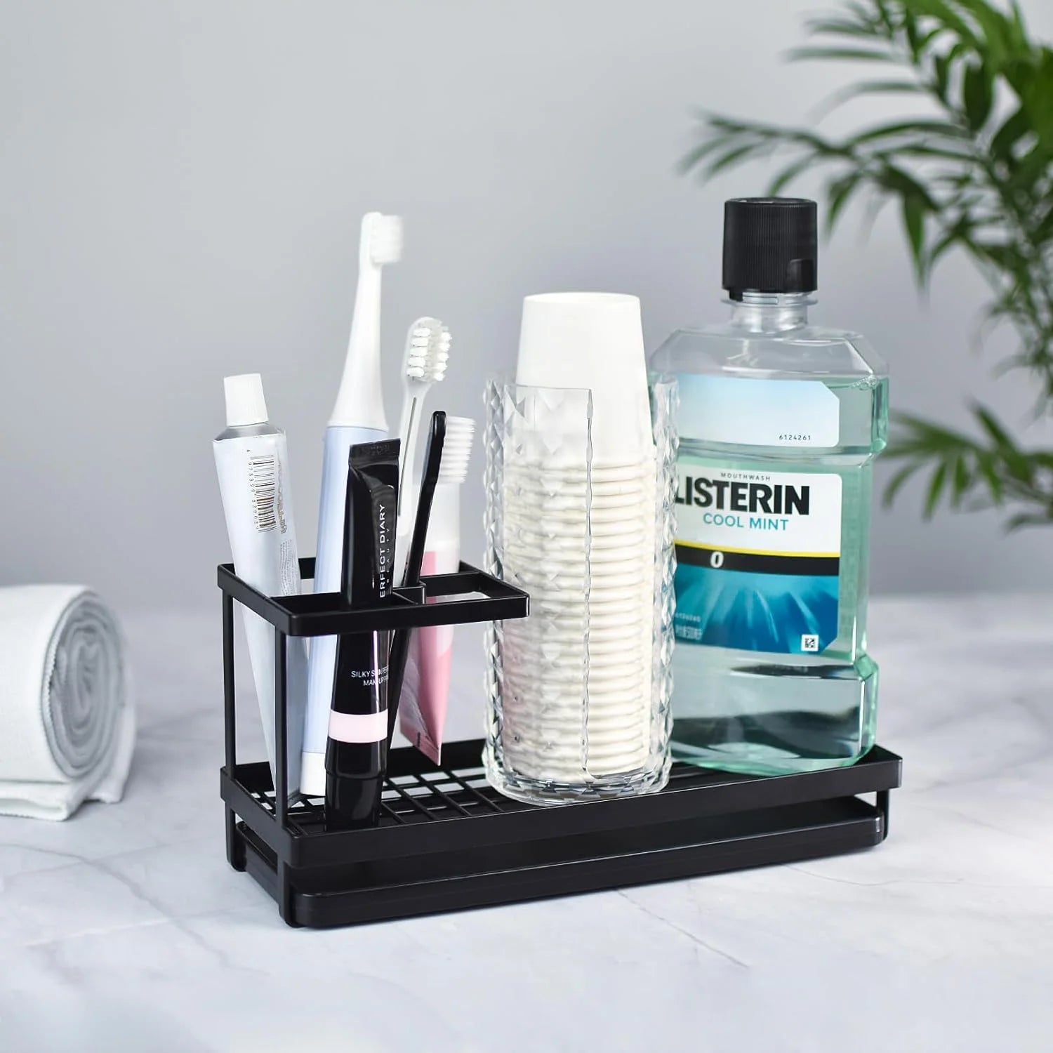 Toothbrush Holder for Countertop with Drainage - 4 Slots Bathroom Organizer for Electric Toothbrush, Toothpaste, Mouthwash - Black
