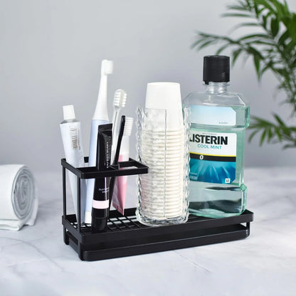 Toothbrush Holder for Countertop with Drainage - 4 Slots Bathroom Organizer for Electric Toothbrush, Toothpaste, Mouthwash - Black