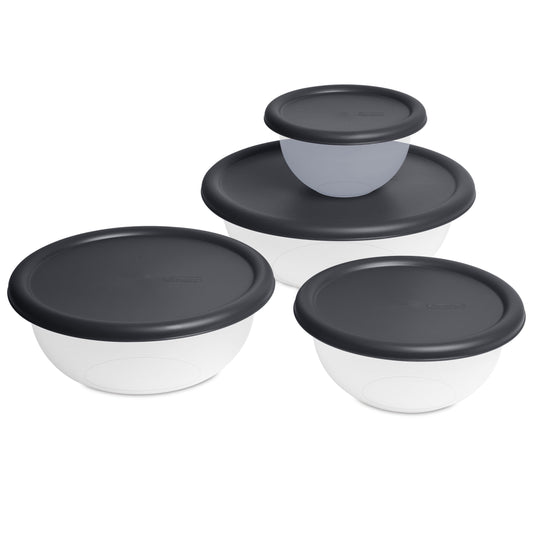 8-piece covered mixing bowl set with four lidded sizes, dark gray