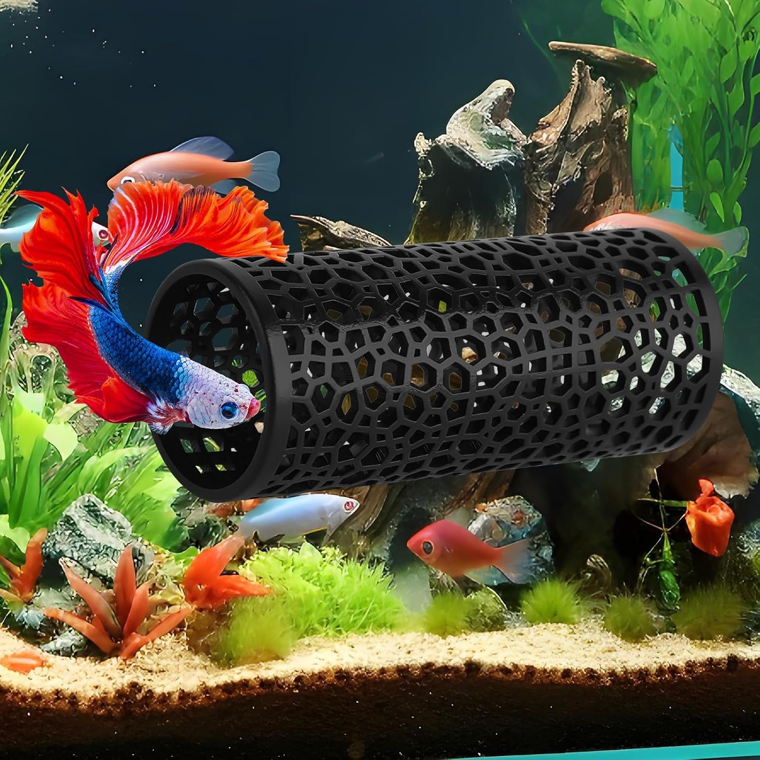 2Pcs Black Betta Aquarium Decoration, Betta Fish Tank Accessories Decoration with Suction Cup, Hidden Decor Habitat Toys for Shrimp Breeding Small Fish Playing & Resting