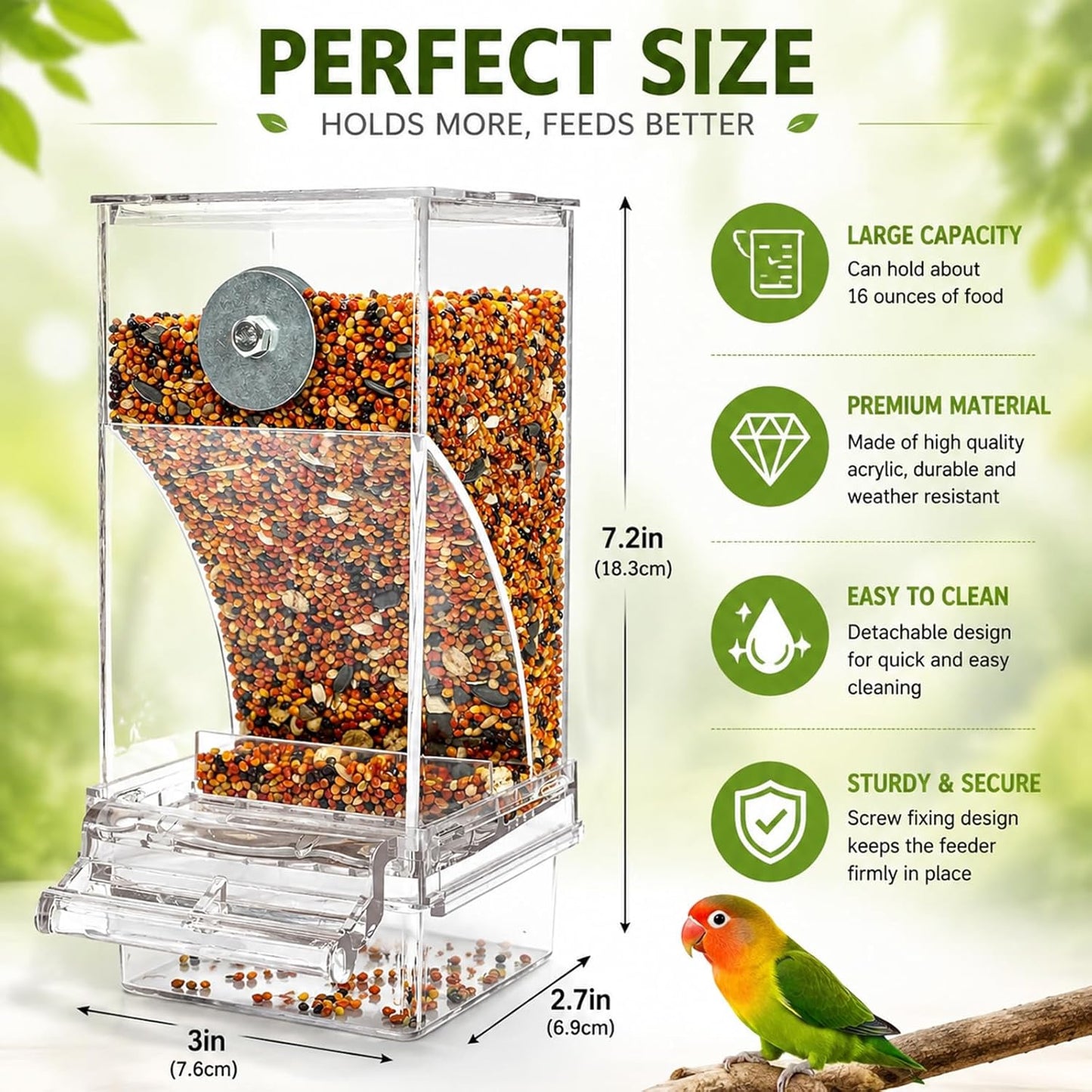 No Mess Automatic Bird Feeder Transparent Food Container Cage Acrylic Parrot Feeder Accessories for Small Birds Parrot Cockatoo Canary