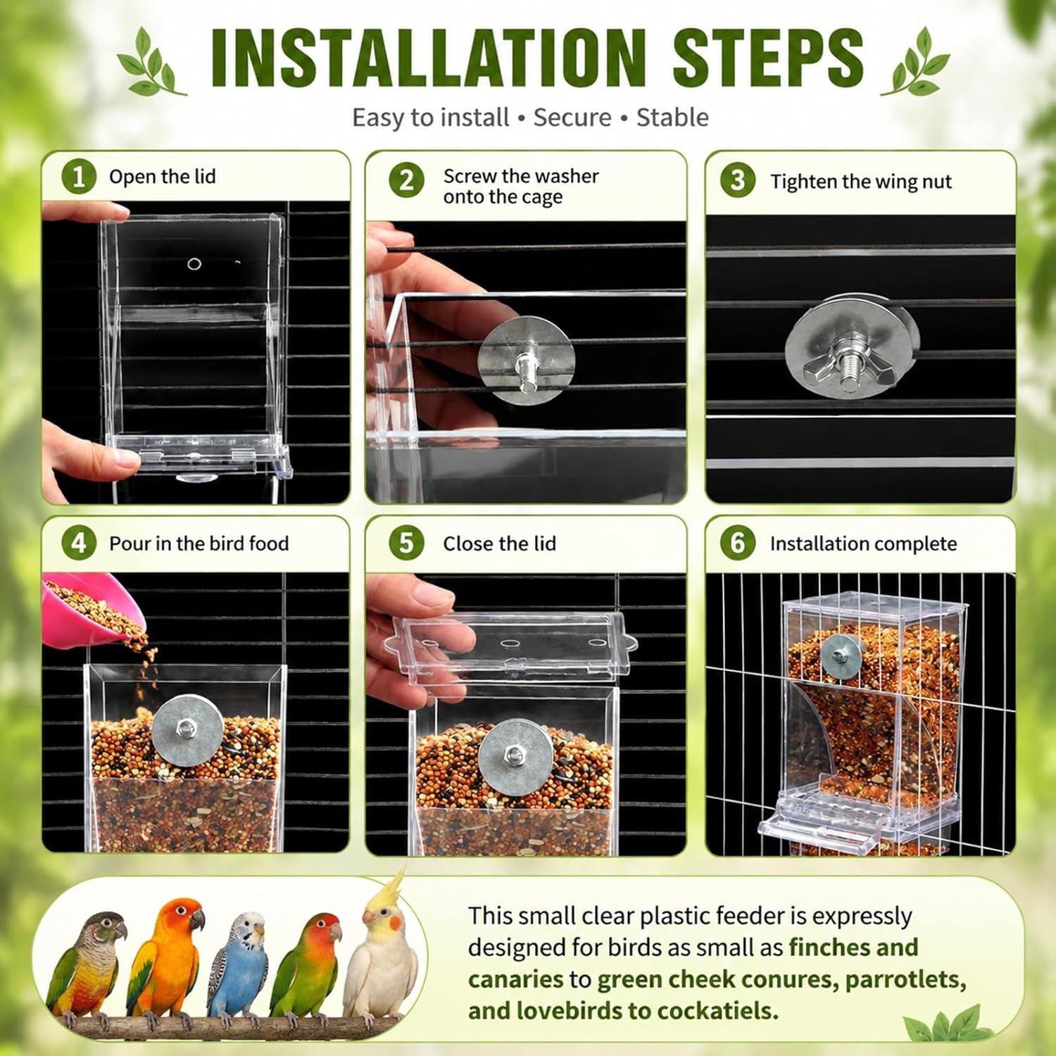 No Mess Automatic Bird Feeder Transparent Food Container Cage Acrylic Parrot Feeder Accessories for Small Birds Parrot Cockatoo Canary